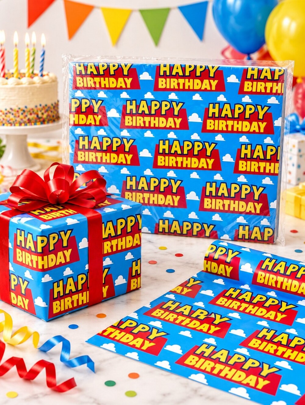 Happy Birthday Wrapping Paper 8 Sheets 20x28 Blue Sky Cloud Party Gift Wrap New